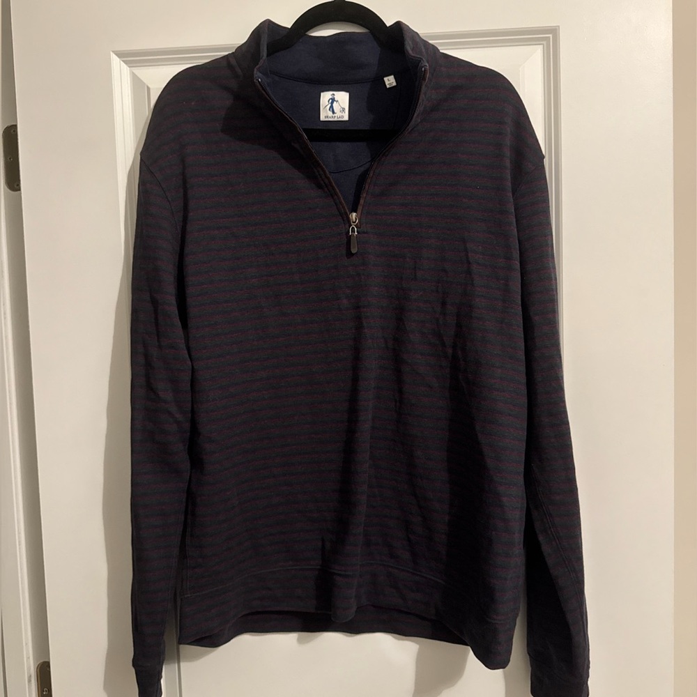 Navy & Burgundy Striped Quarter-Zip Pullover Sweater